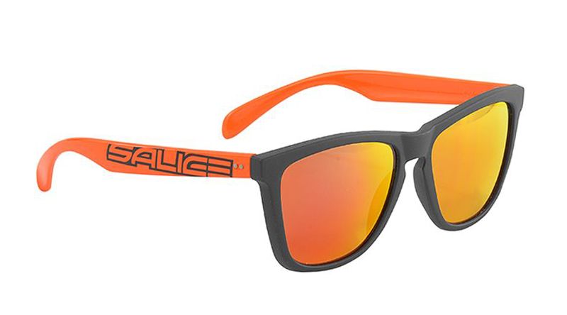Sonnenbrille schwarz-orange mit Glas in der Farbe rot